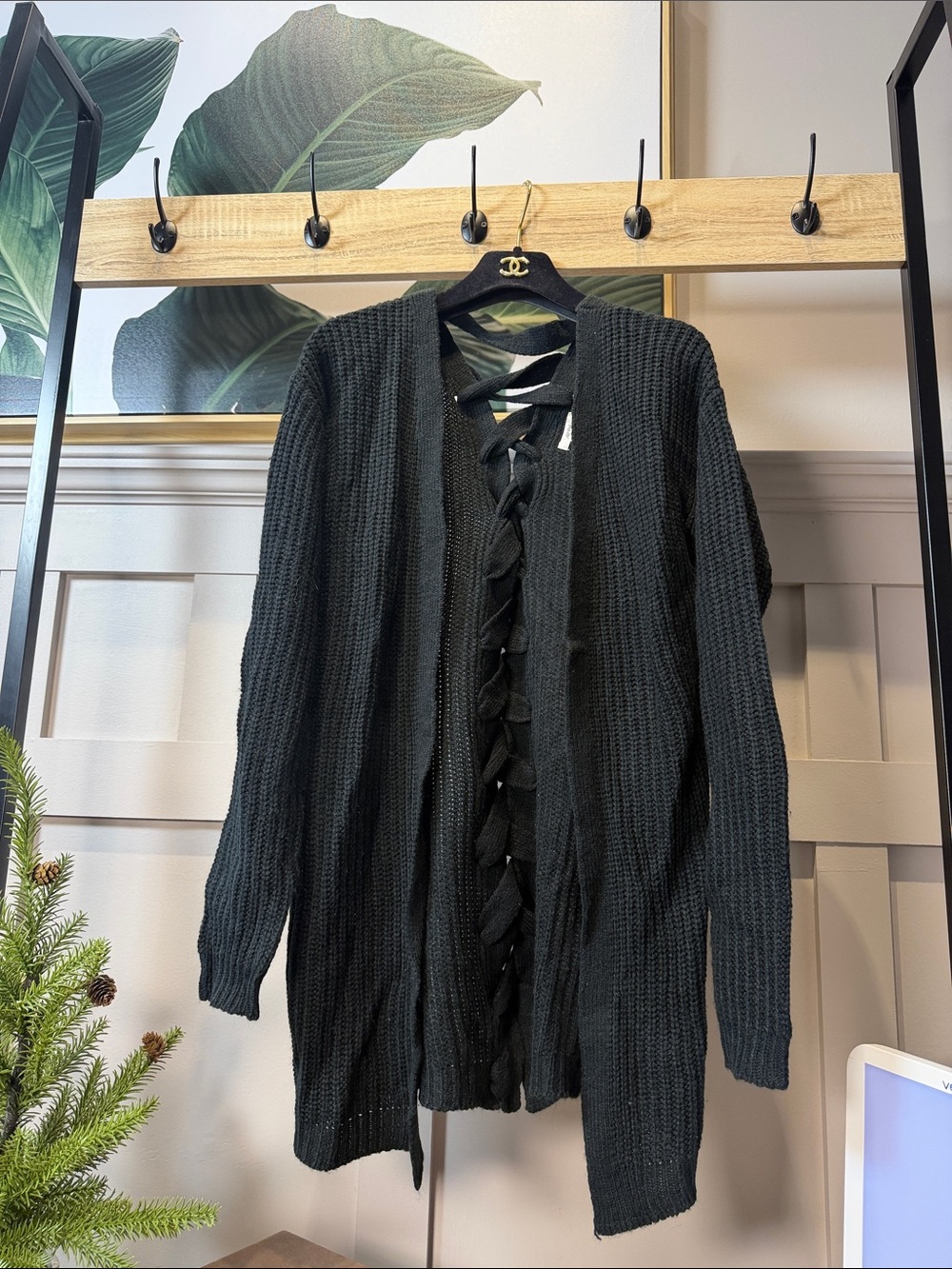 Black Women Open-Front Knit Cardigan with Lace-Up Detail S